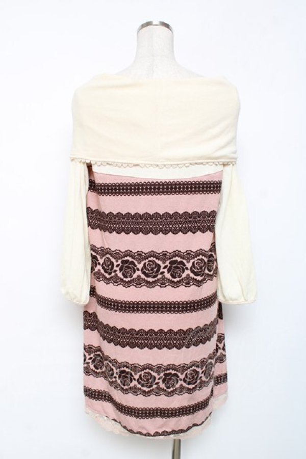 画像2: axes femme / 薔薇レースボーダーオフショルニットワンピース M 淡ピンク Y-25-12-11-017-AX-OP-SZ-ZY (2)