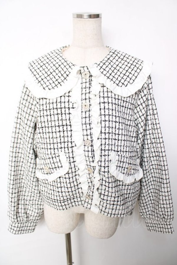 画像1: DearMyLove / 丸襟フリルビジューツイードジャケット 4L-5L アイボリー Y-25-12-13-098-EL-JA-SZ-ZY (1)