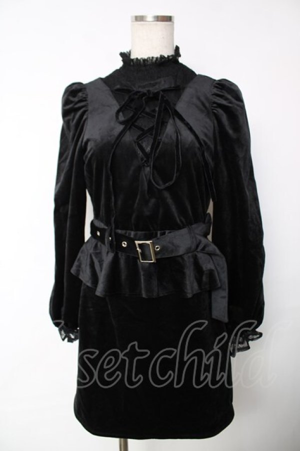 画像1: Bubbles / 編み上げリボンベロアペプラムミニワンピース F 黒 Y-25-12-13-099-CA-OP-SZ-ZY (1)