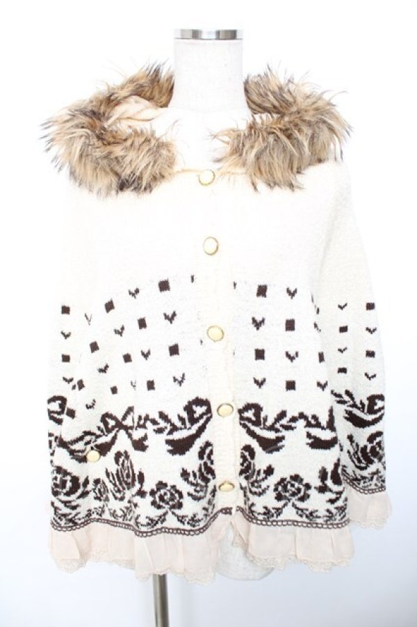 画像1: axes femme / ファーフードローズリボンニットポンチョ  生成り Y-25-12-17-077-AX-CO-SZ-ZY (1)