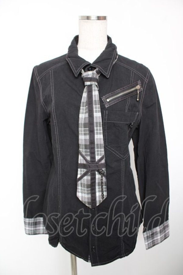 画像1: ALGONQUINS / チェックネクタイZIPブラウス ユニセックス 黒 Y-25-12-19-035-AL-BL-SZ-ZY (1)