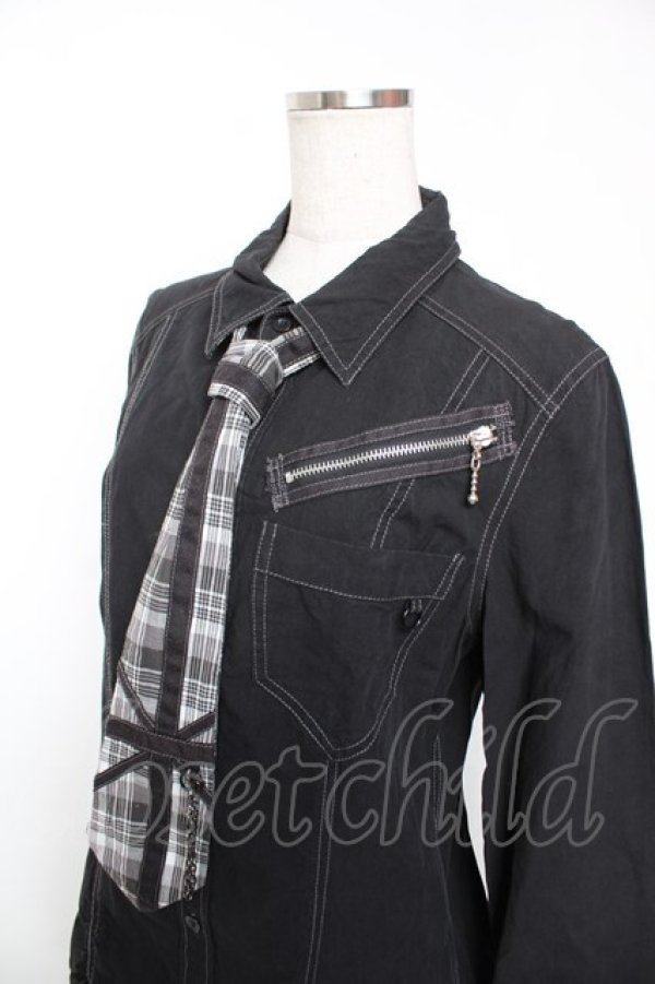 画像3: ALGONQUINS / チェックネクタイZIPブラウス ユニセックス 黒 Y-25-12-19-035-AL-BL-SZ-ZY (3)