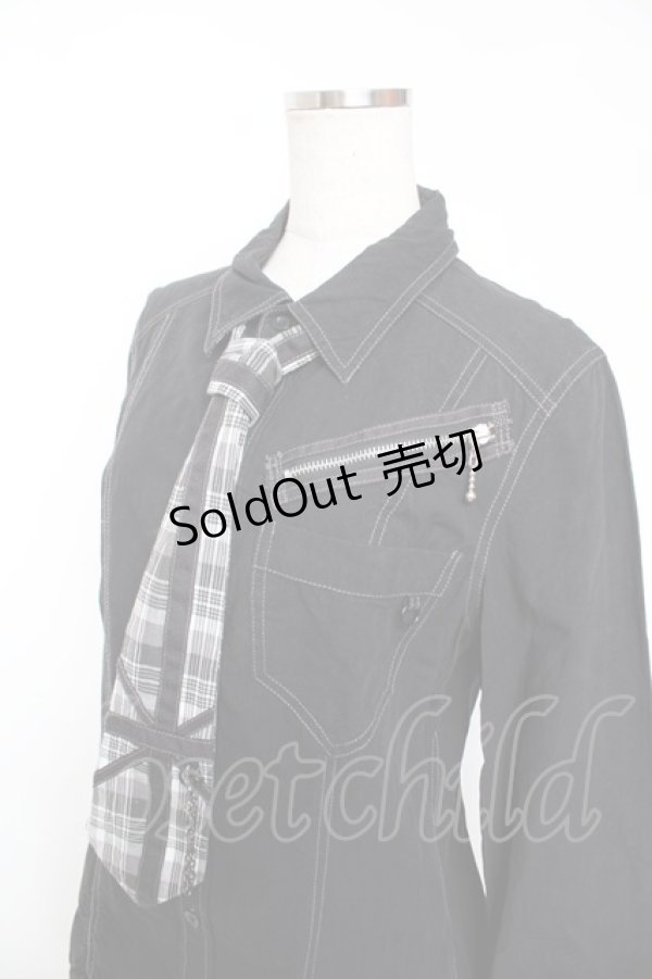 画像3: ALGONQUINS / チェックネクタイZIPブラウス ユニセックス 黒 Y-25-12-19-035-AL-BL-SZ-ZY (3)
