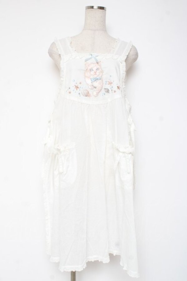 画像1: PINK HOUSE / さざ波とねこ刺繍ローンタブリエ F 白 Y-25-12-20-003-LO-TO-SZ-ZY (1)