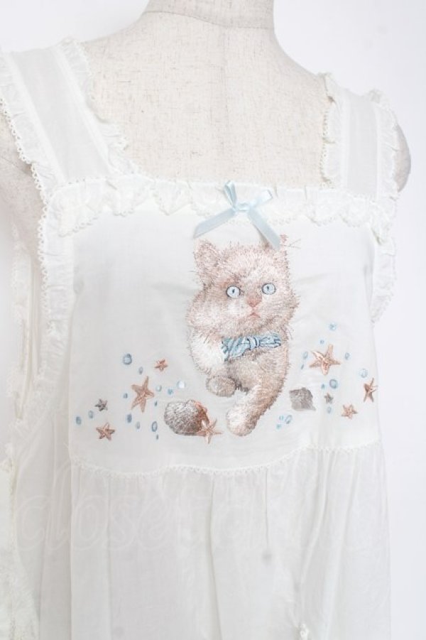 画像4: PINK HOUSE / さざ波とねこ刺繍ローンタブリエ F 白 Y-25-12-20-003-LO-TO-SZ-ZY (4)