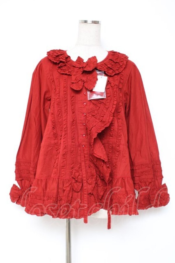 画像1: PINK HOUSE / リボン付きローンフリルオーバーブラウス F 赤 Y-25-12-20-039-LO-BL-SZ-ZY (1)