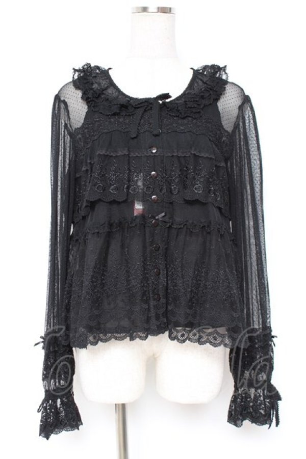画像1: PINK HOUSE / ドットチュール×オリジナルローズチュールレースブラウス F 黒 Y-25-12-20-045-LO-BL-SZ-ZY (1)