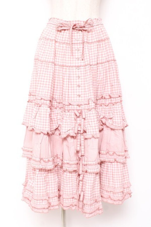 画像1: PINK HOUSE / ギンガムチェックパッチワークフリルスカート F ピンク Y-25-12-20-095-LO-SK-SZ-ZY (1)