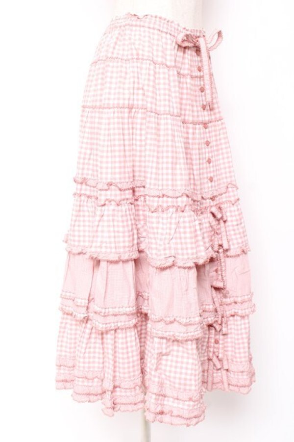 画像2: PINK HOUSE / ギンガムチェックパッチワークフリルスカート F ピンク Y-25-12-20-095-LO-SK-SZ-ZY (2)