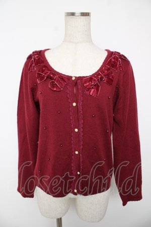 画像: axes femme / ベロアリボンパールカーディガン  ワイン Y-25-12-22-077-AX-TO-SZ-ZY