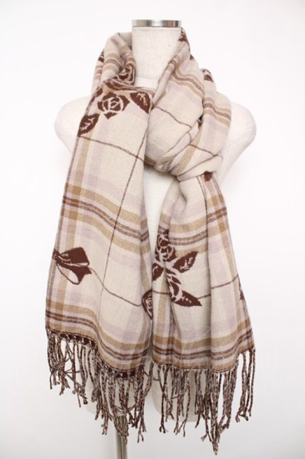 画像1: axes femme / チェック×バラ柄ストール  生成り Y-25-12-22-020-AX-ZA-SZ-ZY (1)
