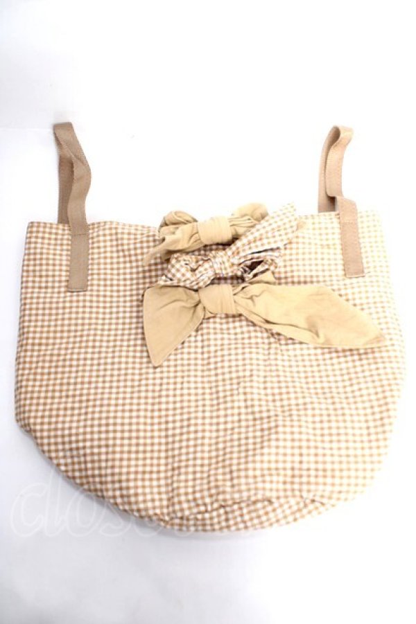 画像1: PINK HOUSE / リボン付きギンガム柄バケツバッグ  ベージュ Y-25-12-22-038-LO-BG-SZ-ZY (1)