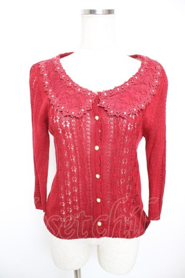 画像1: axes femme / レース襟付透かし編みカーディガン M アカ Y-25-12-23-045-AX-TO-SZ-ZY (1)