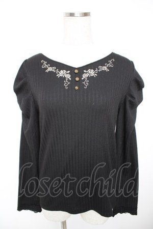 画像: axes femme / 刺繍入マトンスリーブリブプルオーバー  黒 Y-25-12-23-057-AX-TS-SZ-ZY