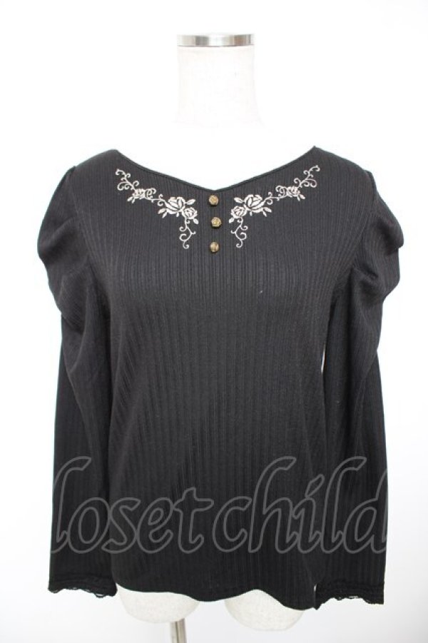 画像1: axes femme / 刺繍入マトンスリーブリブプルオーバー  黒 Y-25-12-23-057-AX-TS-SZ-ZY (1)
