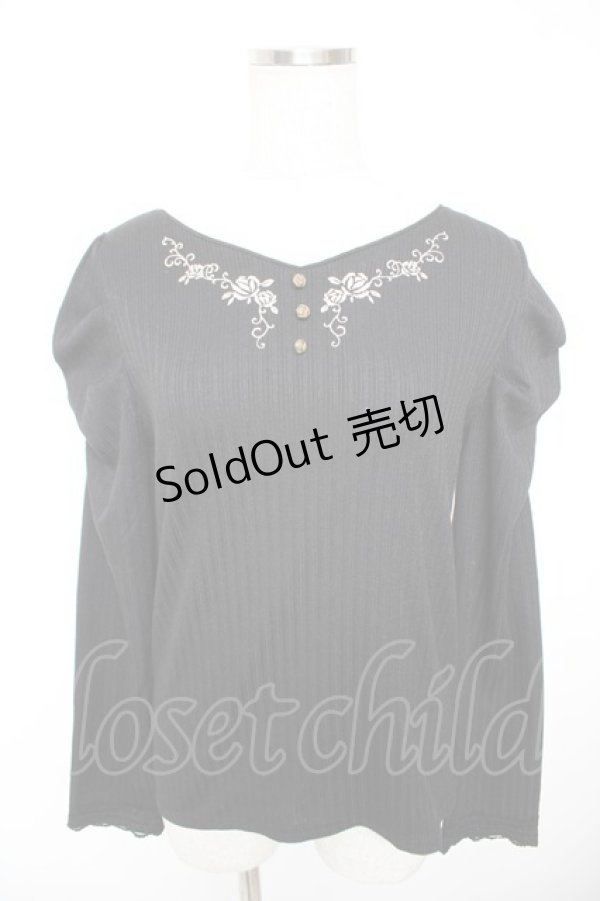 画像1: axes femme / 刺繍入マトンスリーブリブプルオーバー  黒 Y-25-12-23-057-AX-TS-SZ-ZS (1)