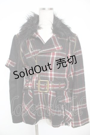 画像: ALGONQUINS / ファー襟タータンライダースジャケット F 黒 Y-25-12-23-094-AL-JA-SZ-ZY