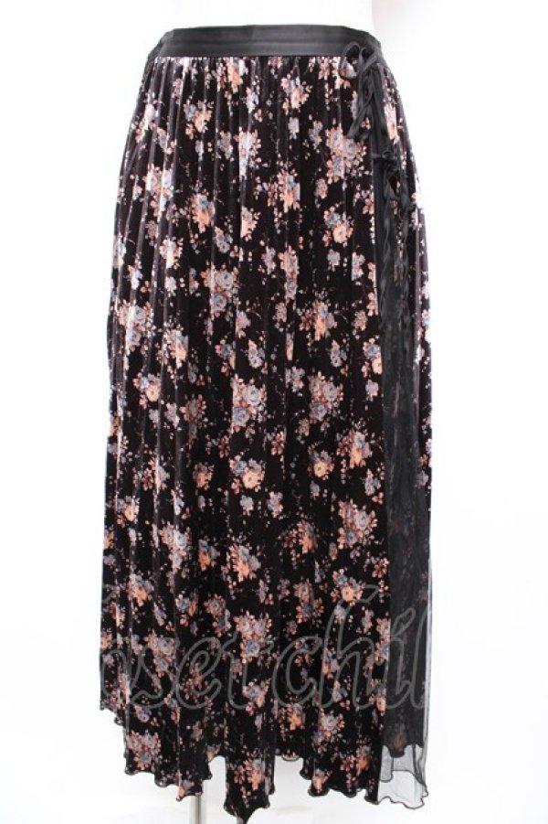 画像1: axes femme / 花柄ベロアプリーツスカート M 黒 Y-25-12-23-154-AX-SK-SZ-ZY (1)