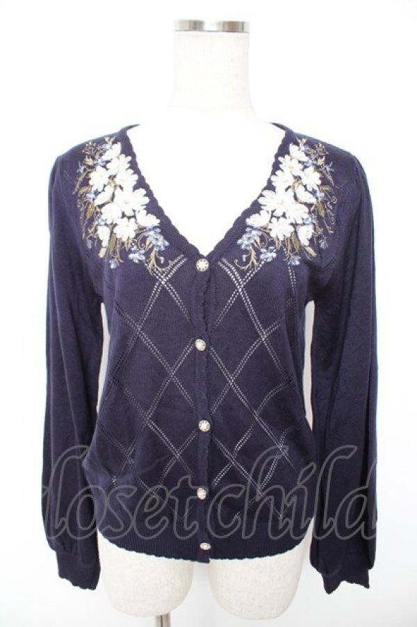 画像1: axes femme / 花刺繍ダイヤ編みニットカーディガン M 紺 Y-25-12-23-032-AX-TO-SZ-ZY (1)