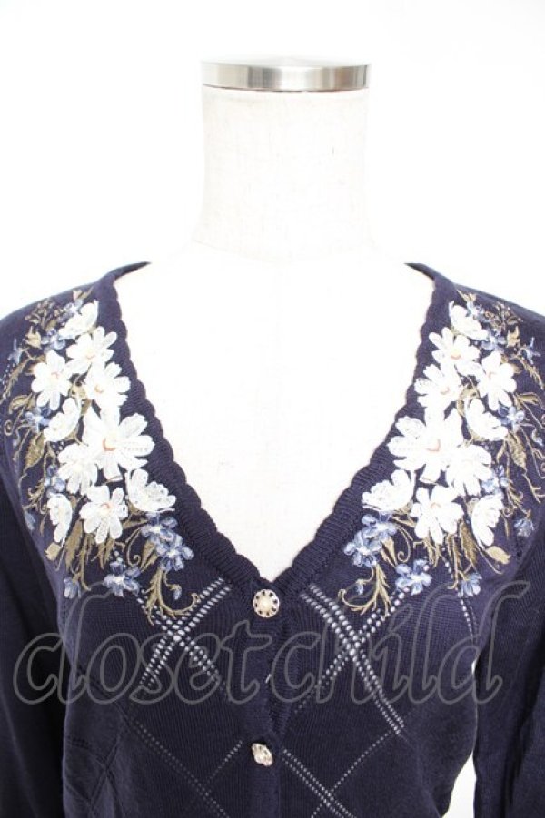 画像3: axes femme / 花刺繍ダイヤ編みニットカーディガン M 紺 Y-25-12-23-032-AX-TO-SZ-ZY (3)