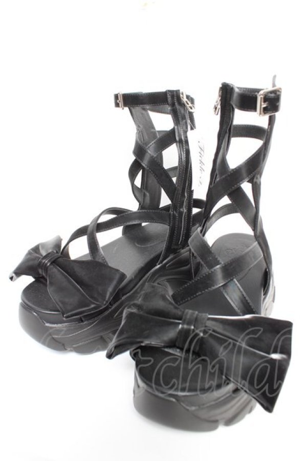 画像1: Fickle Bebe / リボンレースアップサンダル L 黒 Y-25-12-25-103-0-SH-SZ-ZY (1)