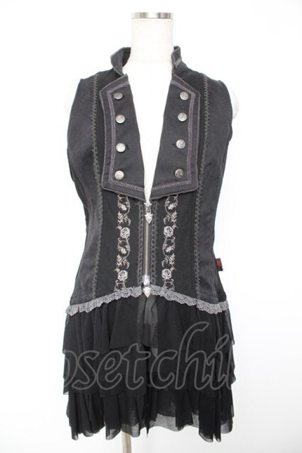 画像1: Ozz Croce / 薔薇刺繍フリルベスト  黒 Y-25-12-25-107-OO-JA-SZ-ZY (1)