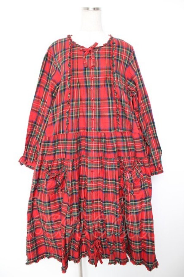 画像1: PINK HOUSE / シャギー起毛タータンチェックミディワンピース F 赤 Y-25-12-25-151-LO-OP-SZ-ZY (1)