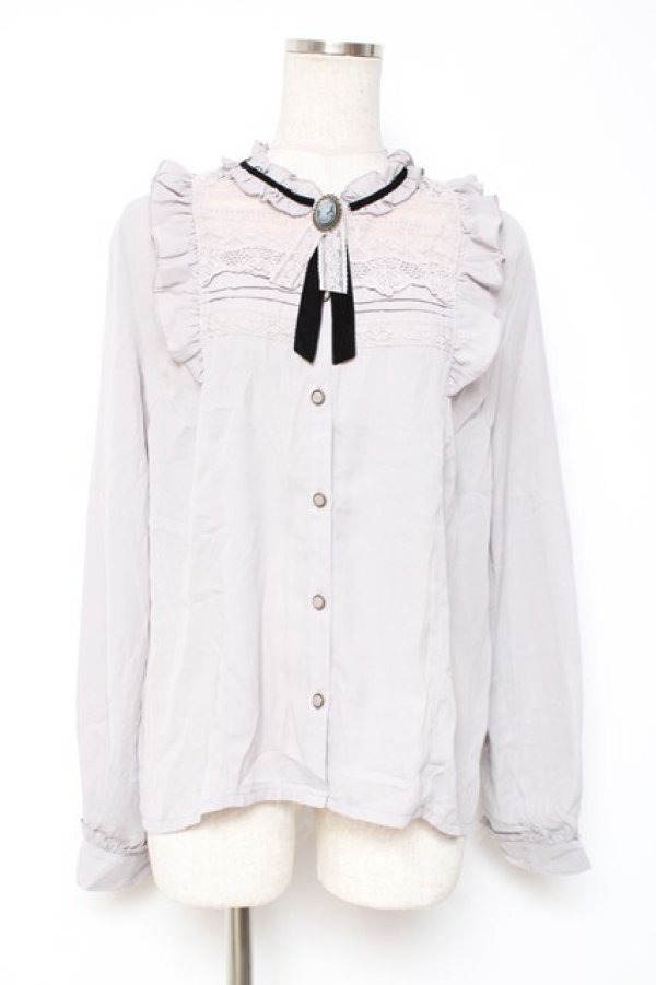 画像1: axes femme / ブローチ付ヴィンテージブラウス L グレー Y-25-12-27-045-AX-BL-SZ-ZY (1)