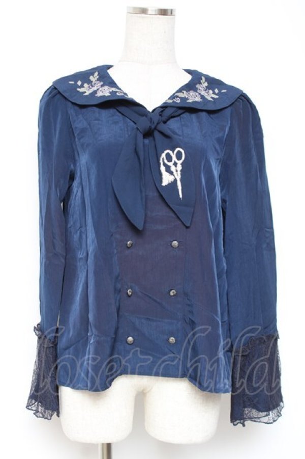 画像1: axes femme / sajou刺繍入Wボタンブラウス M 紺 Y-25-12-27-052-AX-BL-SZ-ZY (1)