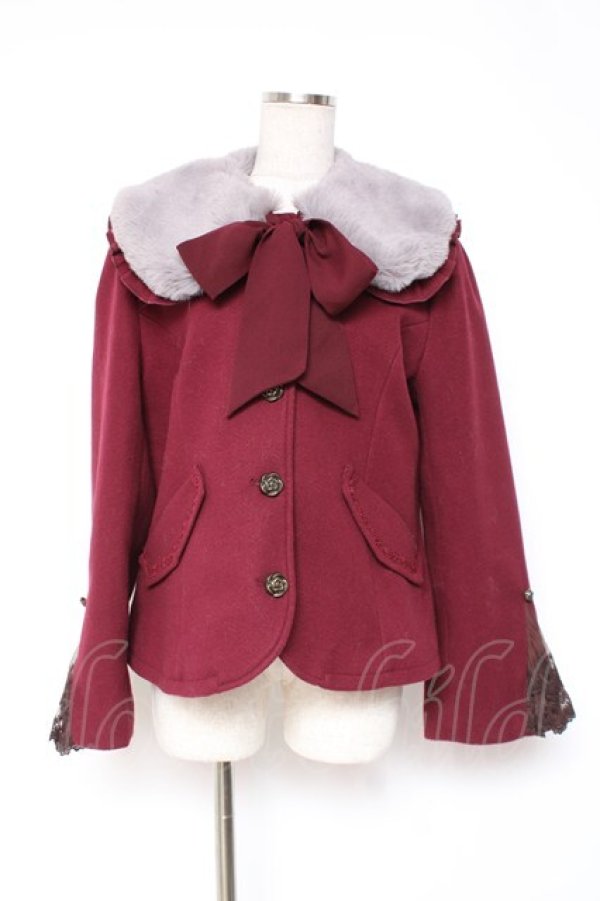 画像1: axes femme / ファー襟付編上ショートコート F ワイン Y-25-12-27-080-AX-CO-SZ-ZY (1)