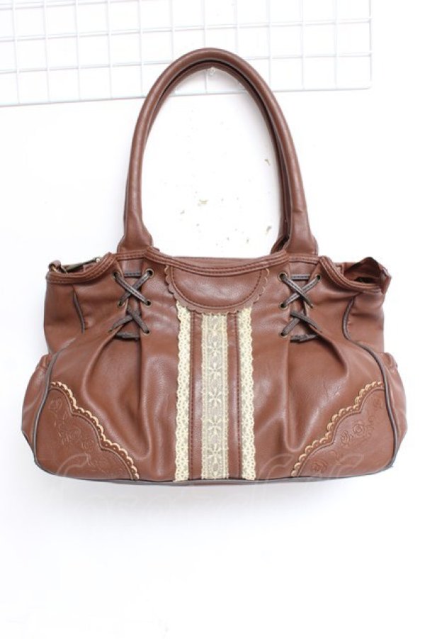 画像1: axes femme / レース使い編み上げバッグ  茶 Y-25-12-27-025-AX-BG-SZ-ZY (1)