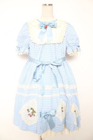 画像: Hoshibako Works / ストロベリー・リボンブーケ　ギンガムチェックパフワンピース  サックス Y-25-12-28-026-LO-OP-SZ-ZY