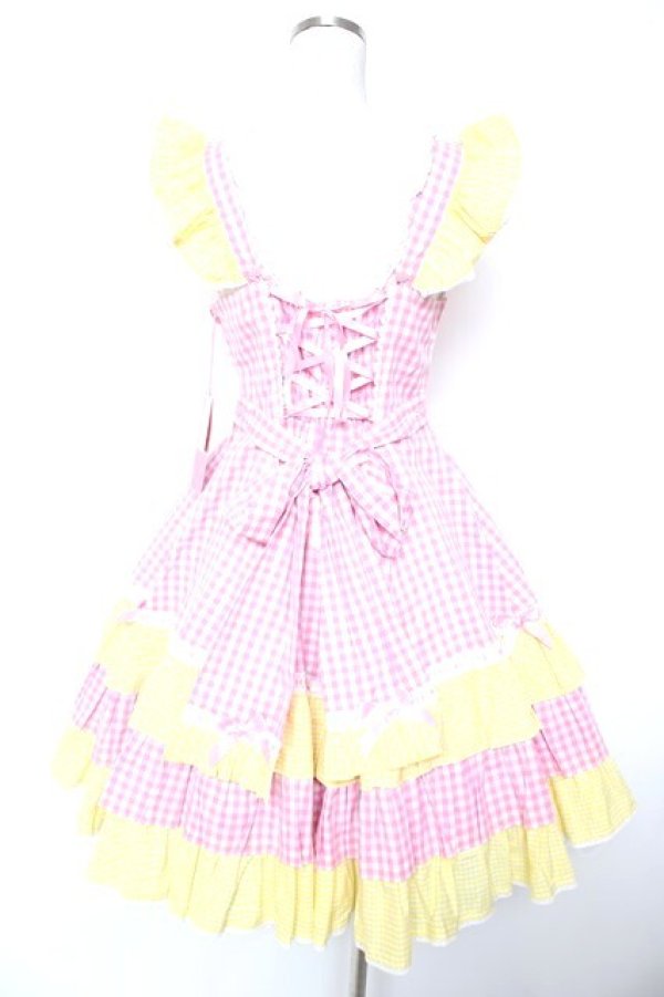 画像2: Angelic Pretty / ギンガムシャーベットジャンパースカート  ピンク×イエロー Y-25-12-28-002-AP-OP-SZ-ZY (2)