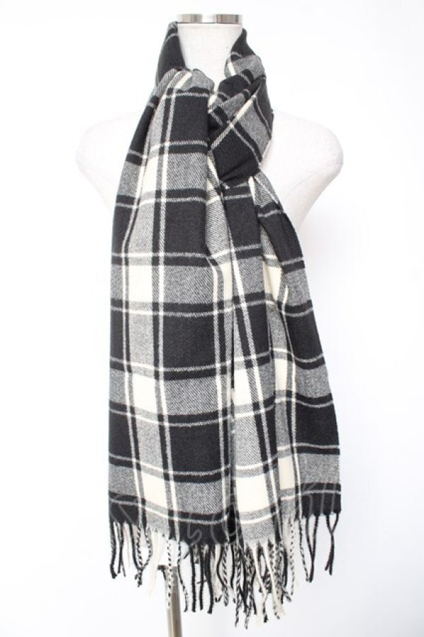 画像1: NieR Clothing / チェック柄 大判ストールマフラー  黒×アイボリー Y-26-01-01-006-PU-ZA-SZ-ZY (1)