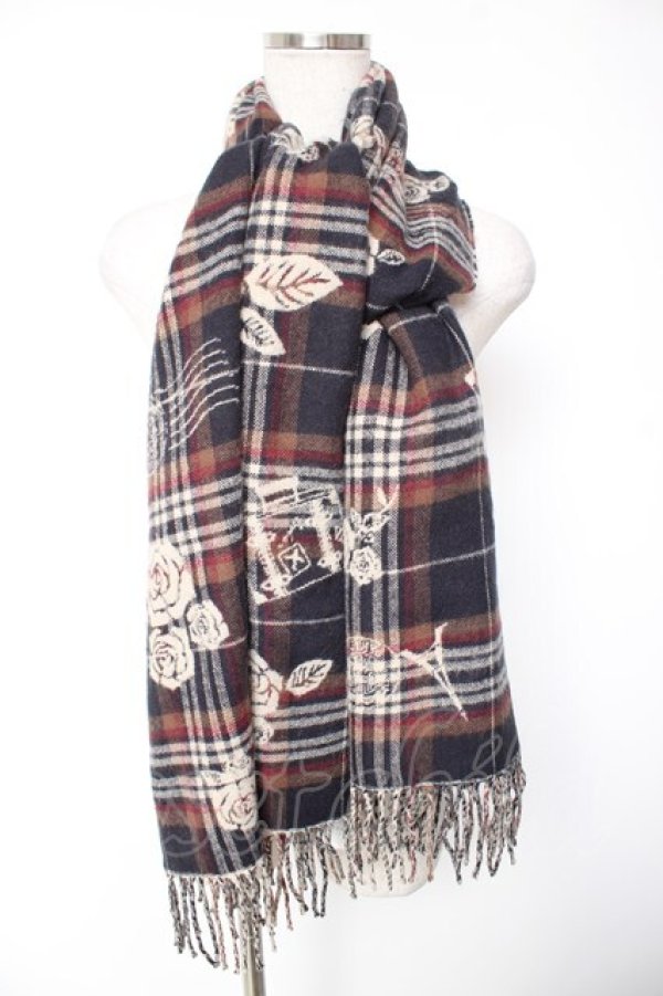 画像1: axes femme / チェック薔薇柄ストール  紺 Y-26-01-01-008-AX-ZA-SZ-ZY (1)