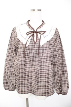 画像: axes femme POETIQUE / レース襟チェックレトロブラウス  茶 Y-26-01-01-065-AX-BL-SZ-ZI