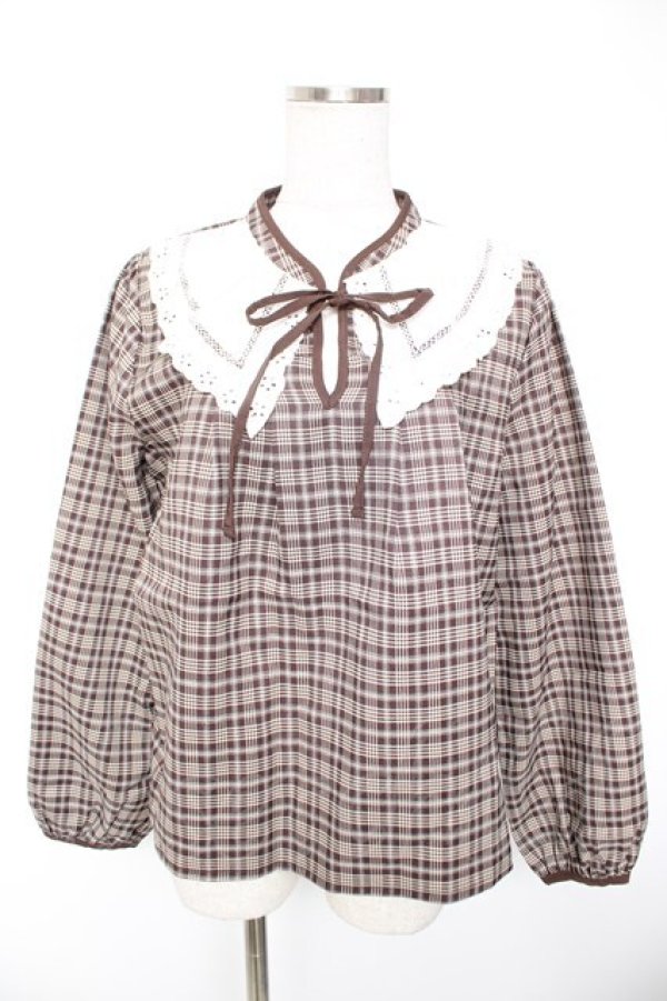 画像1: axes femme POETIQUE / レース襟チェックレトロブラウス  茶 Y-26-01-01-065-AX-BL-SZ-ZY (1)