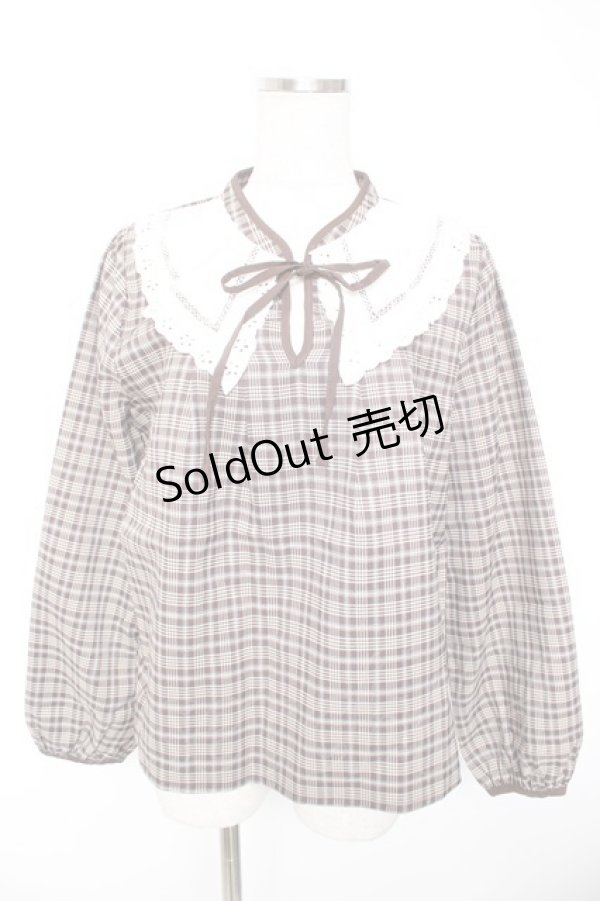 画像1: axes femme POETIQUE / レース襟チェックレトロブラウス  茶 Y-26-01-01-065-AX-BL-SZ-ZI (1)