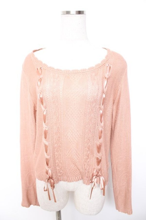画像1: axes femme / リボン透かしニットソー M 淡ピンク Y-26-01-07-048-AX-TO-SZ-ZY (1)