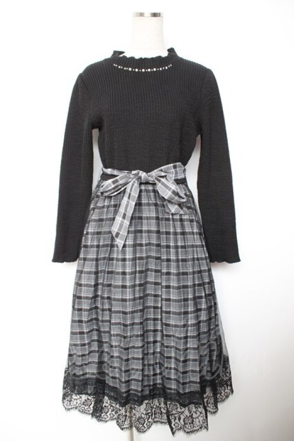 画像1: axes femme / チェック切替ドッキングワンピース M 黒 Y-26-01-07-105-AX-OP-SZ-ZY (1)