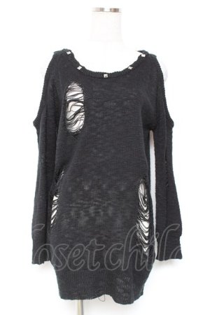 画像: GLAD NEWS / スタッズ付きダメージニット  黒 Y-26-01-12-082-GL-TO-SZ-ZY