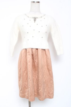 画像: axes femme / ビジュー付きフェザーニット切替ワンピース M 白×キャメル Y-26-01-12-123-AX-OP-SZ-ZY