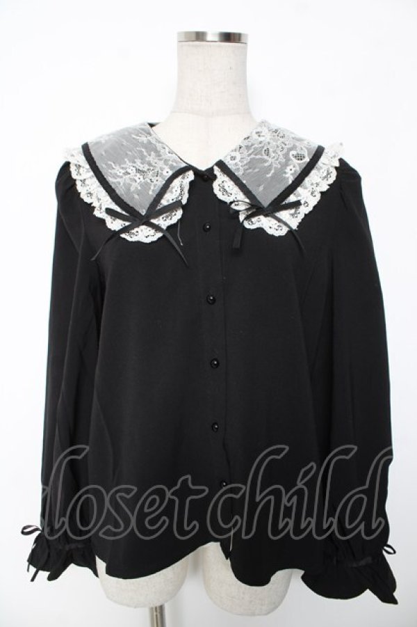 画像1: Rojita / リボン付き配色レース衿長袖ブラウス Ｍ 黒 Y-26-01-16-102-LO-BL-SZ-ZY (1)
