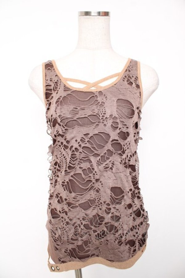 画像1: Ozz Croce / プリント入り異素材切替ノースリーブトップス  ブラウン Y-26-01-16-129-OO-TO-SZ-ZY (1)