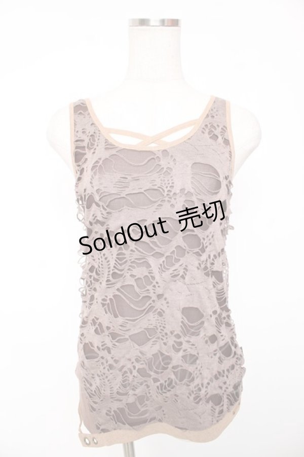 画像1: Ozz Croce / プリント入り異素材切替ノースリーブトップス  ブラウン Y-26-01-16-129-OO-TO-SZ-ZS (1)