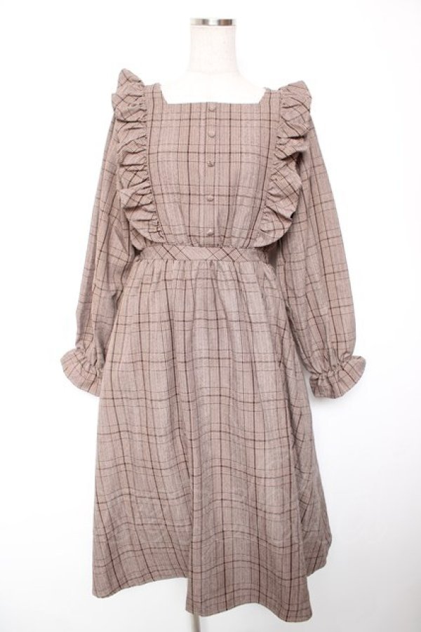 画像1: m petit by misako / CHKフリルOPナガ ワンピース M 中茶 Y-26-01-16-165-LO-OP-SZ-ZY (1)