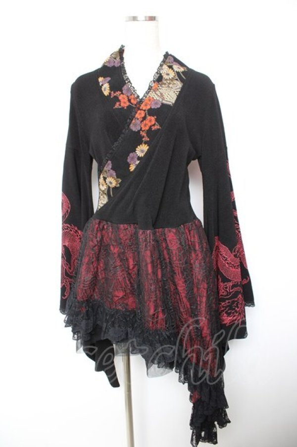 画像1: Qutie Frash / 蜘蛛の巣レース着物袖ワンピース  黒×赤 Y-26-01-18-047-QU-OP-SZ-ZY (1)