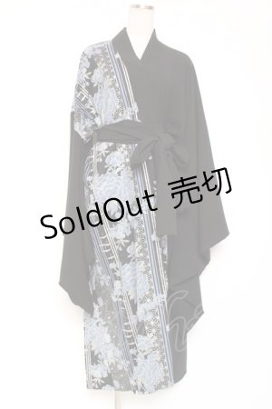画像: Deorart / 和柄切替着流しガウン  黒×青 Y-26-01-20-028-PU-JA-SZ-ZI