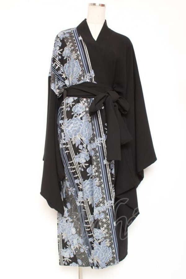 画像1: Deorart / 和柄切替着流しガウン  黒×青 Y-26-01-20-028-PU-JA-SZ-ZY (1)