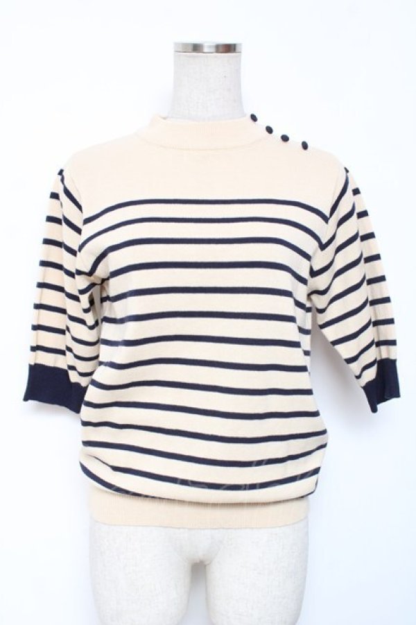 画像1: F i.n.t / ヴィンテージボーダー5分袖ニットプルオーバー F ベージュ×ネイビー Y-26-01-20-005-CA-TO-SZ-ZY (1)